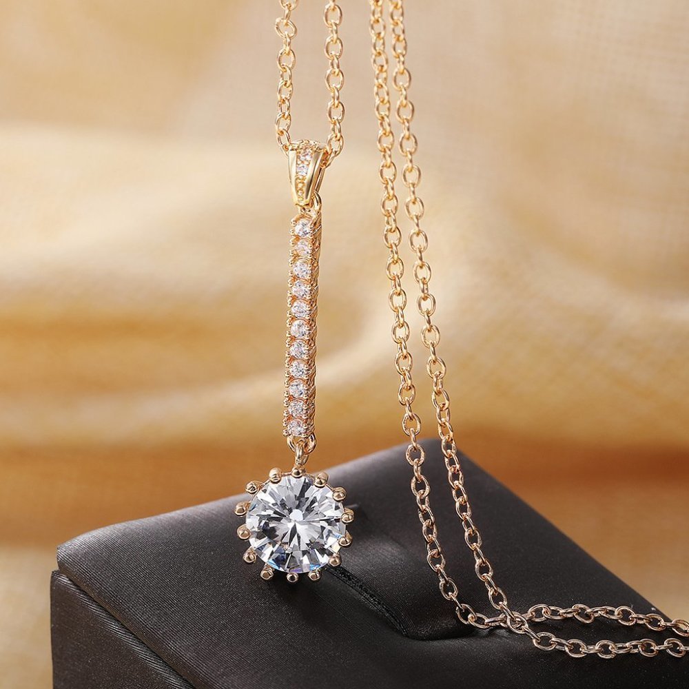 Dazzling Round Sun Flower CZ Long Pendant Necklace for Women, EVGG1112